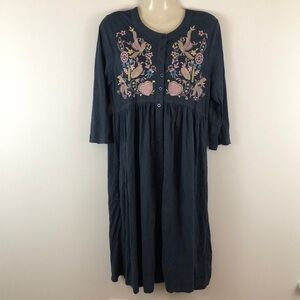 Hidden Alley Boho Floral Embroidered Button Down Dress with Pockets